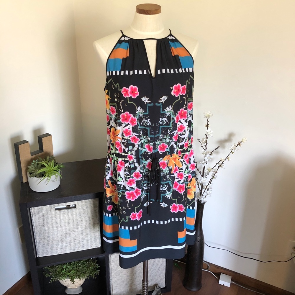 Floral Halter Neck Dress - Black and Multicolor